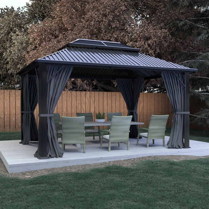 Aluminum Frame Double Roof Outdoor Gazebo with Netting and Curtains - Coffee