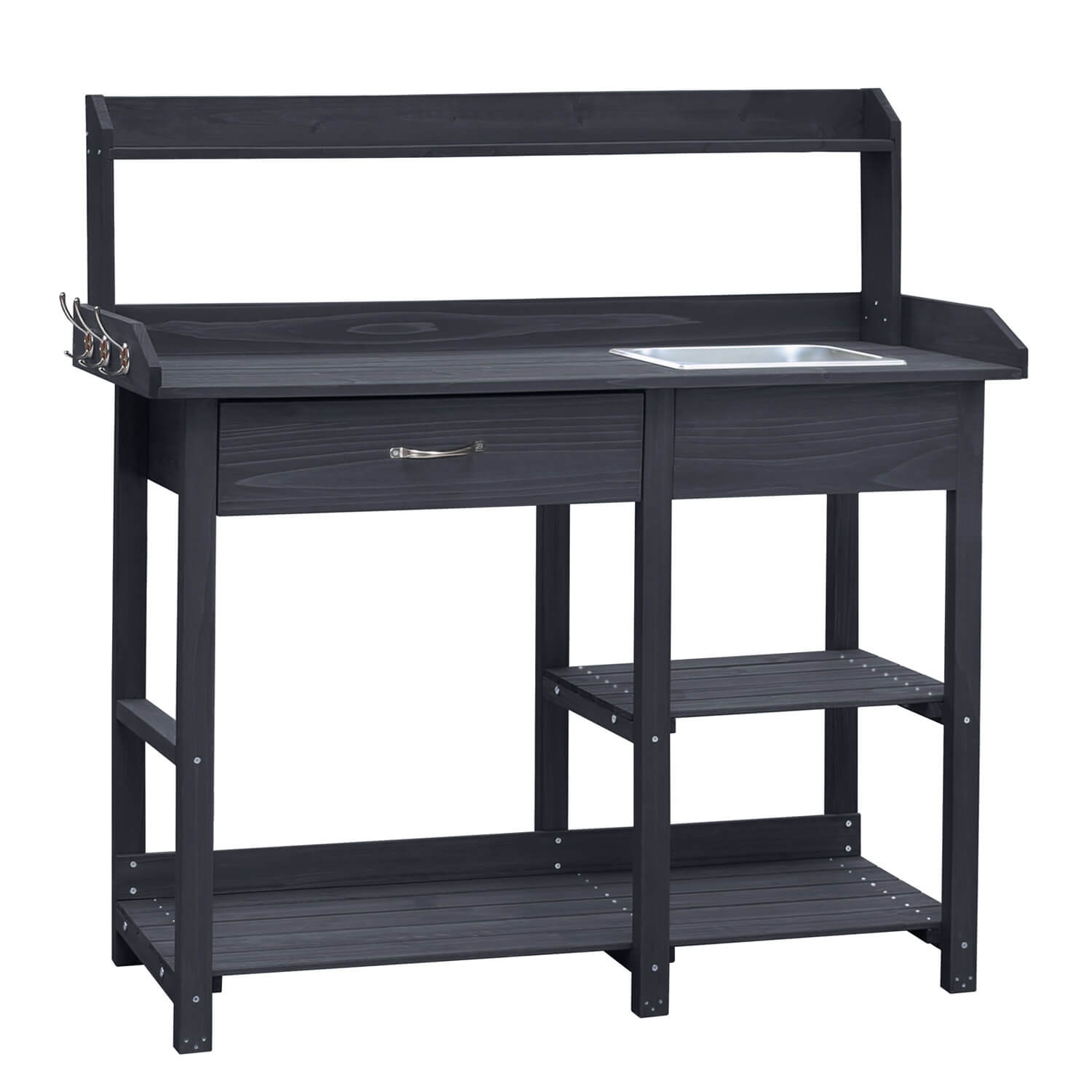 VEIKOUS Garden Potting Table with Sink, Outdoor Wooden Potting Bench with Storage, Drawer