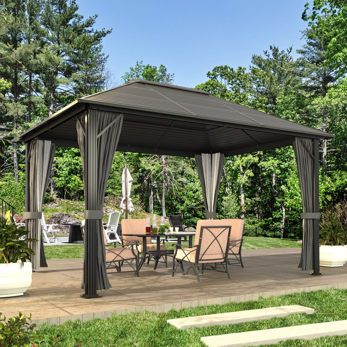 VEIKOUS 10'x12' Aluminum Hardtop Gazebo Pergola with Mesh Netting, Outdoor Gazebo Single Roof for Patio, Backyard, Garden