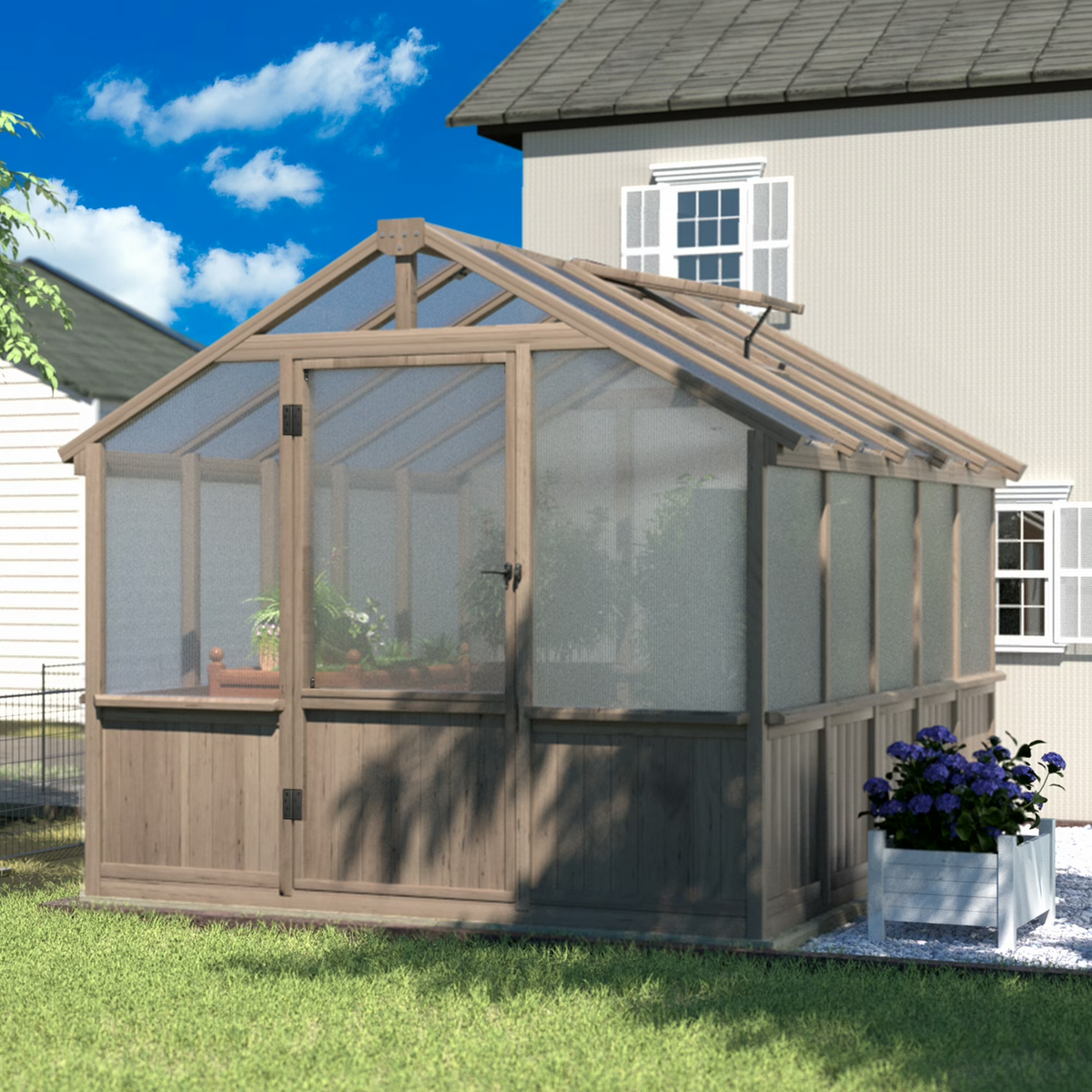 VEIKOUS 8 x 10ft Walk-in Wood Greenhouse W/ Polycarbonate Panels, Adjustable Roof Vents w