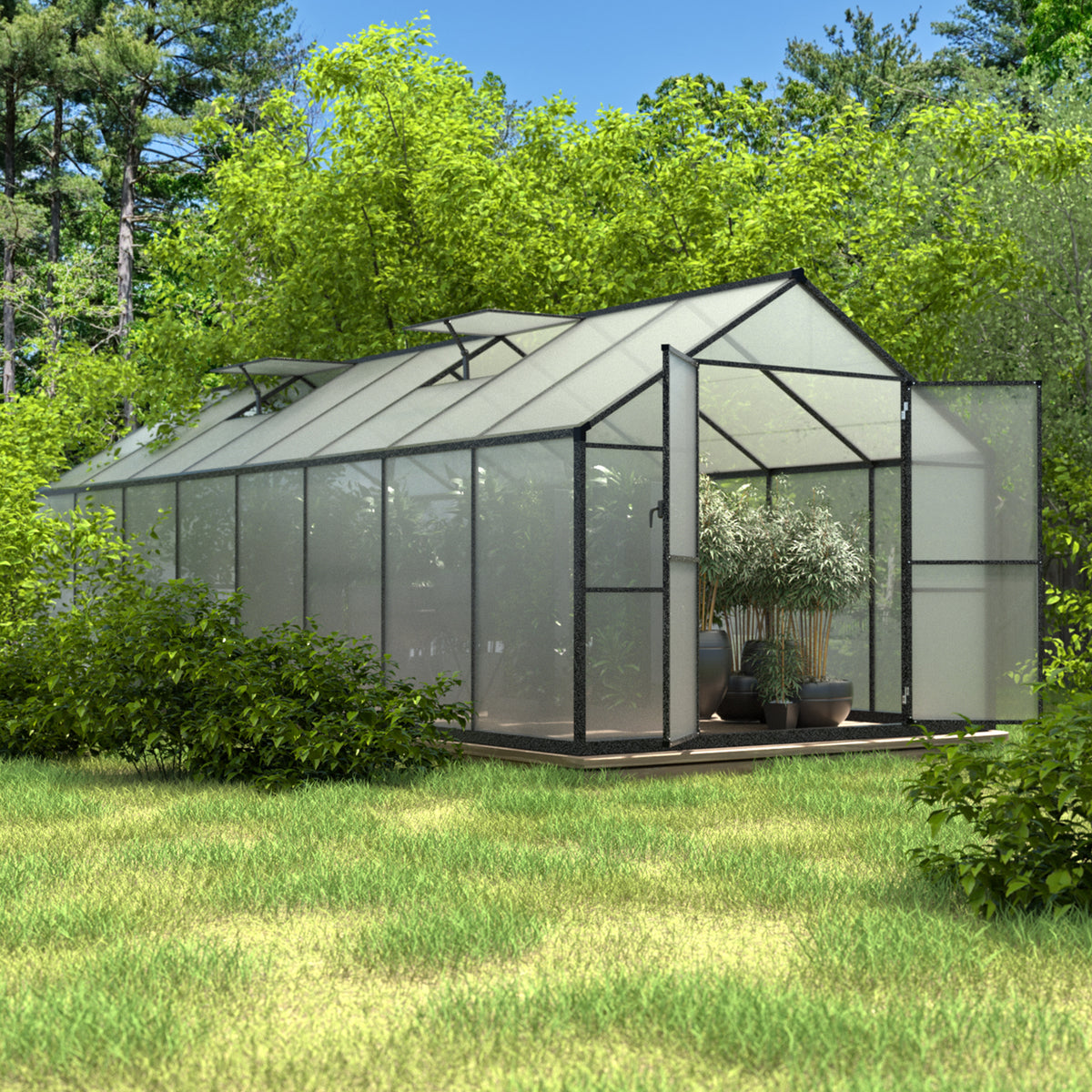 8’ x 16’ Outdoor Walk-in Aluminum Greenhouse w/ 2 Vents and Lockable Doors for Year - Round Gardening w