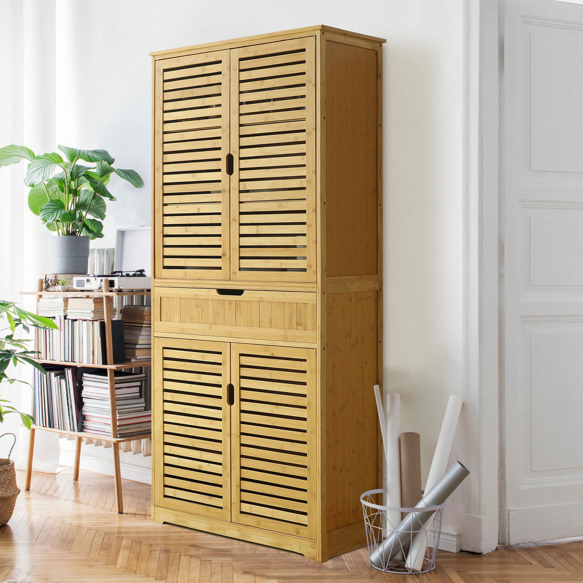 VEIKOUS 72 Kitchen Pantry,  Bamboo Cabinet Storage Freestanding with Drawers and Doors