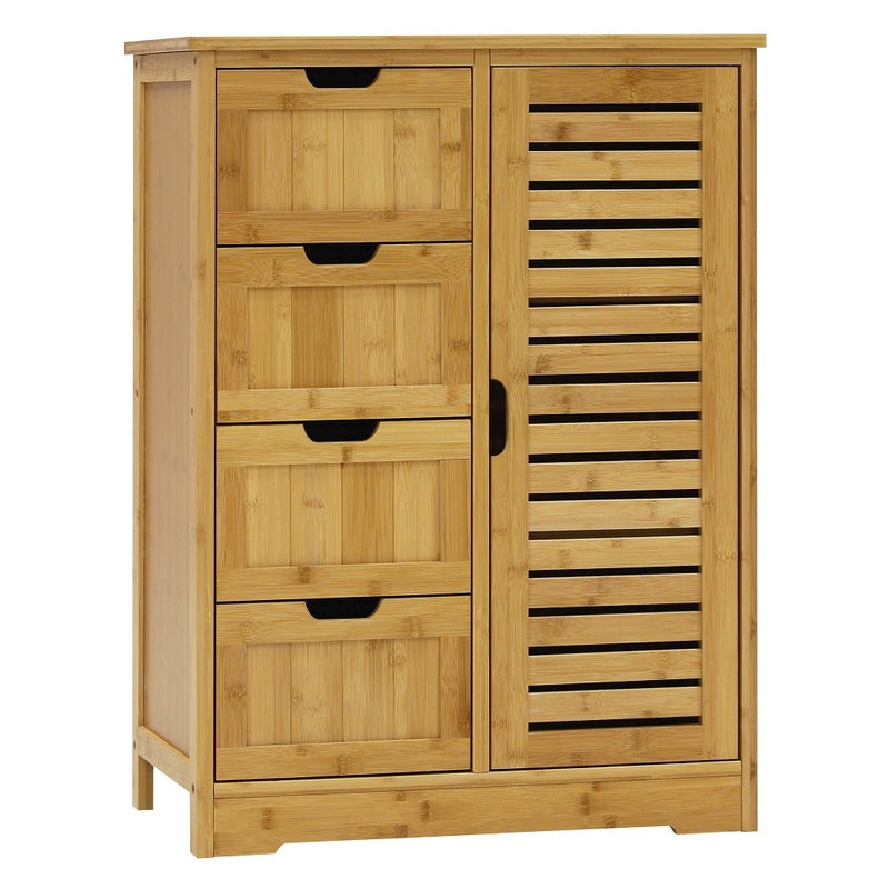 Veikous Bathroom Storage Cabinet with 4 Drawers and 1 Cupboard, Freestanding Compact Floor Cabinet Bamboo