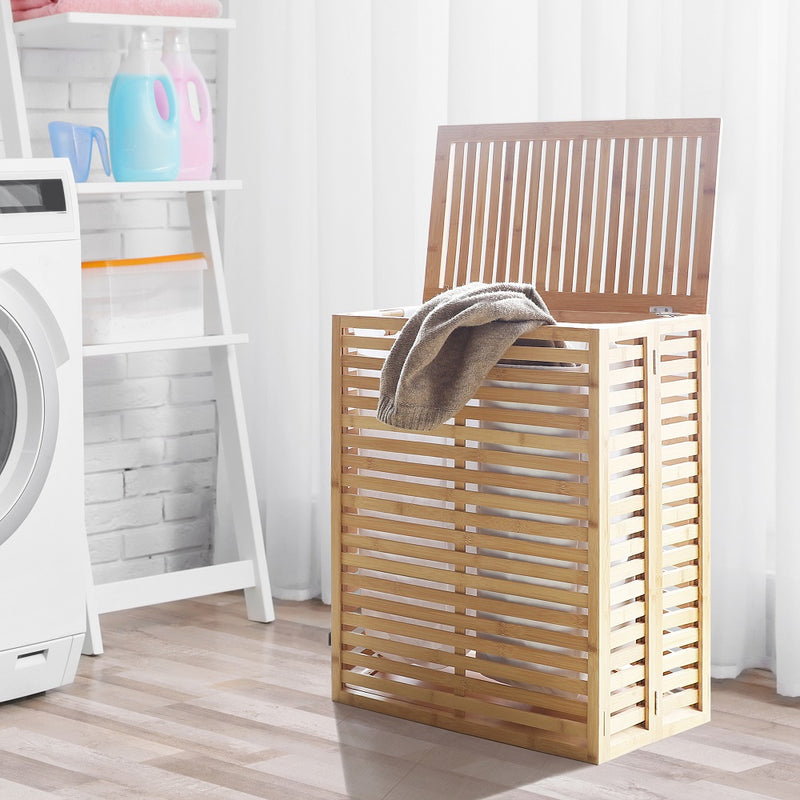 VEIKOUS Foldable Bamboo Hamper Laundry Basket with Lid
