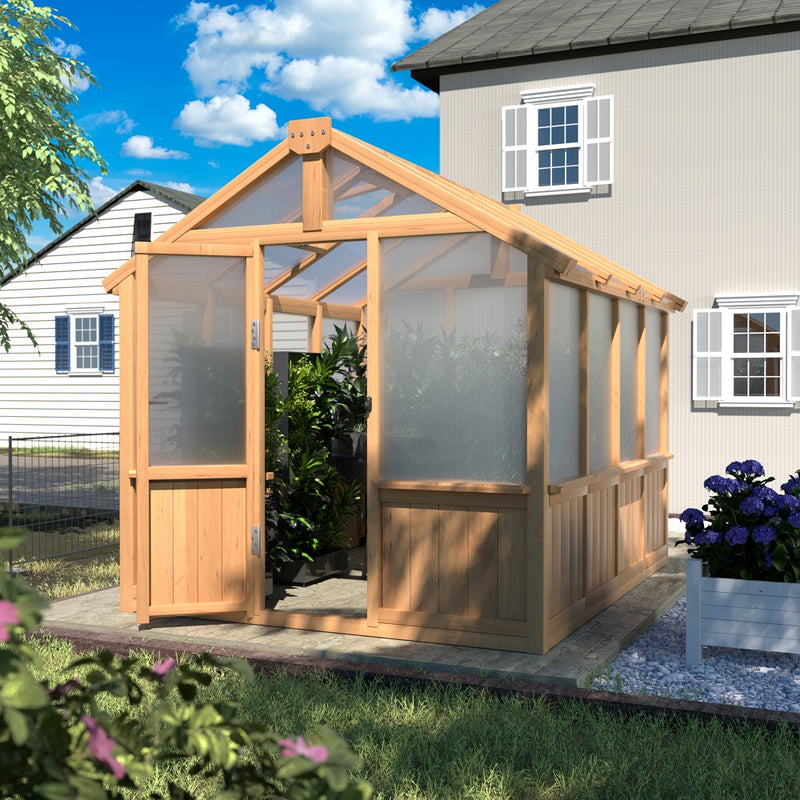 VEIKOUS 6 x 8 x 8 Ft Wooden Polycarbonate Greenhouse with Ventilated Window and Lockable Door, Walk-in Greenhouse
