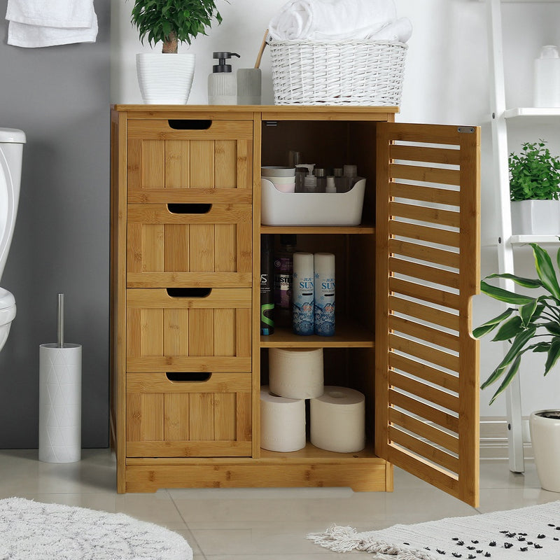 Veikous Bathroom Storage Cabinet with 4 Drawers and 1 Cupboard, Freestanding Compact Floor Cabinet Bamboo