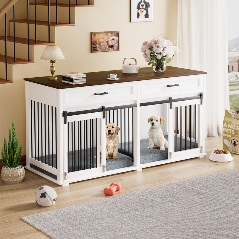 VEIKOUS Large Dog Crate Furniture for 2 Dogs with Removable Divider, Double Wooden Dog Cage Table, Decorative Indoor Dog Kennel Furniture