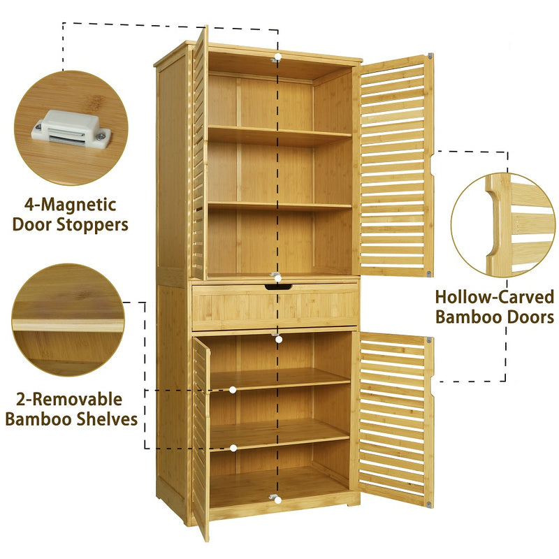Veikous 72" Kitchen Pantry Cabinet Bamboo, Freestanding Storage Cabinet with Shelves, Drawers and Doors