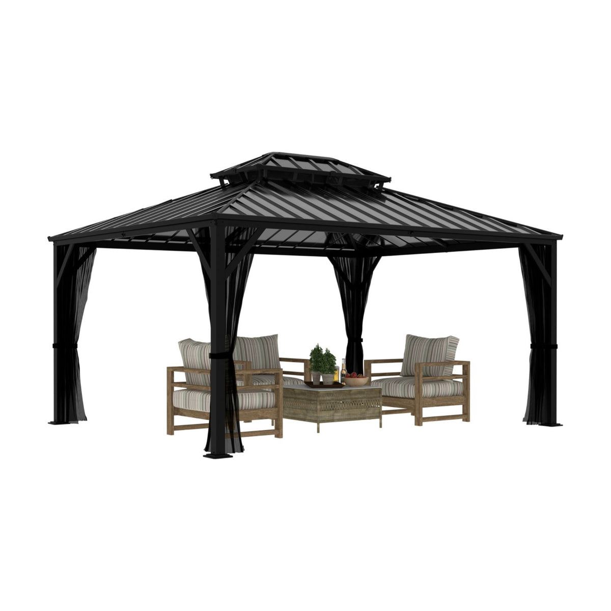 VEIKOUS Hardtop Patio Gazebo, Aluminum Gazebo with Netting, 2-Tier Rooftop 12' x 14'