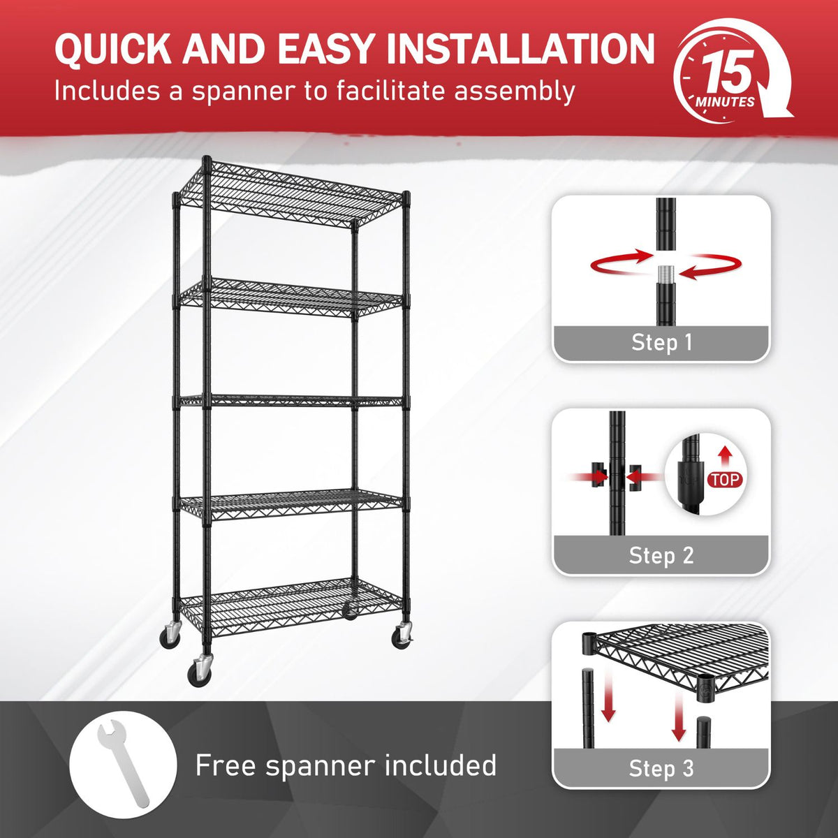 Veikous Storage Shelving Unit, 5-Tier Steel Shelf Organizer with Wheels, Adjustable for Kitchen, Pantry