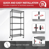 Veikous Storage Shelving Unit, 5-Tier Steel Shelf Organizer with Wheels, Adjustable for Kitchen, Pantry