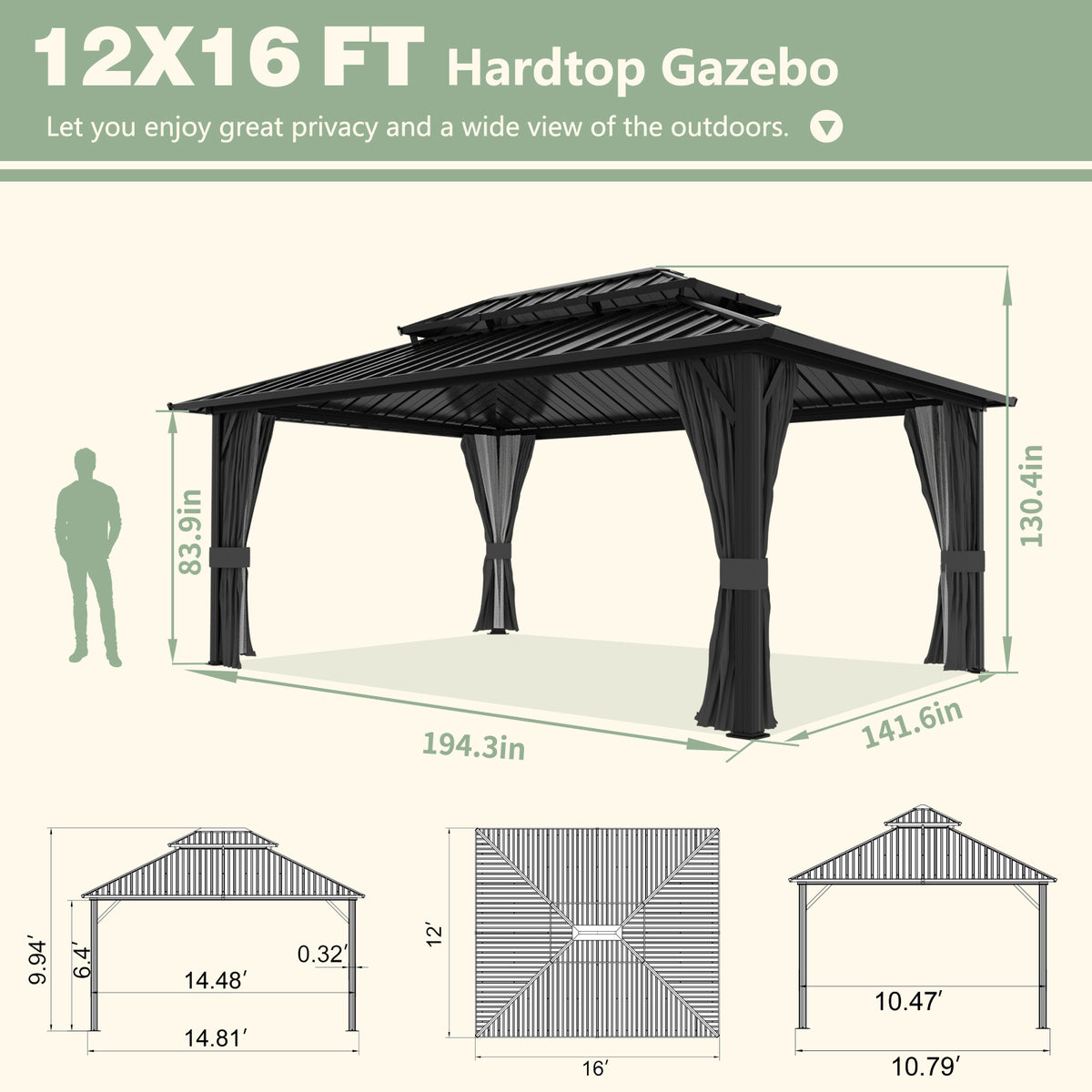 VEIKOUS 12x16ft Double Roof Hardtop Gazebo for Patio, Aluminum Gazebo for Backyard 2-Tier Rooftop