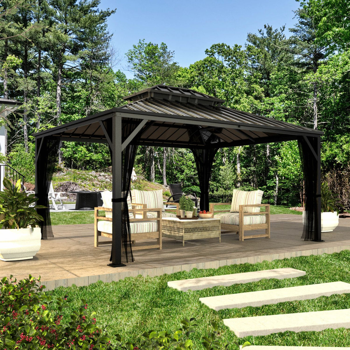 VEIKOUS Hardtop Patio Gazebo, Aluminum Gazebo with Netting, 2-Tier Rooftop 12' x 14'