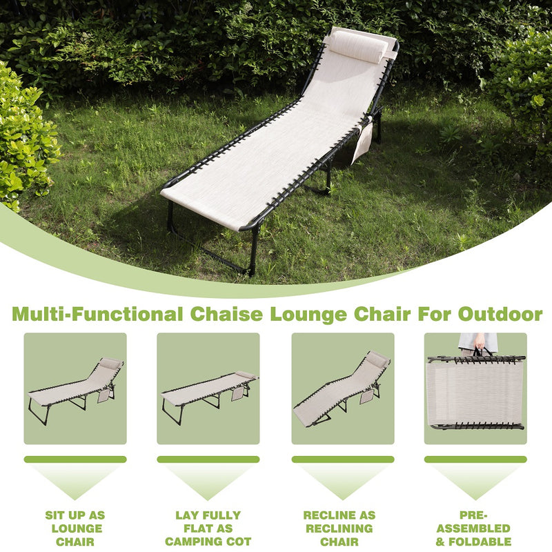 VEIKOUS 4-Fold Patio Chaise Lounge Chair for Outdoor with Detachable Pocket and Pillow, Portable Sun Lounger Recliner for Beach, Camping and Pool