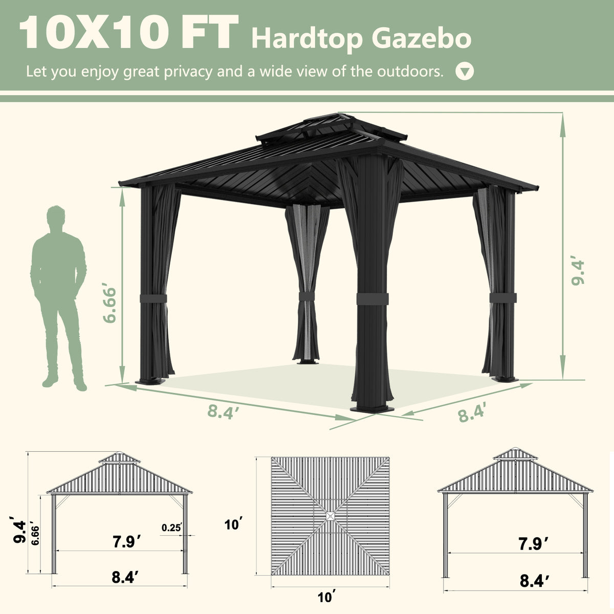 VEIKOUS 10x10ft Double Roof Hardtop Gazebo with Mesh Netting for Patio, Aluminum Gazebo for Backyard 2-Tier Rooftop