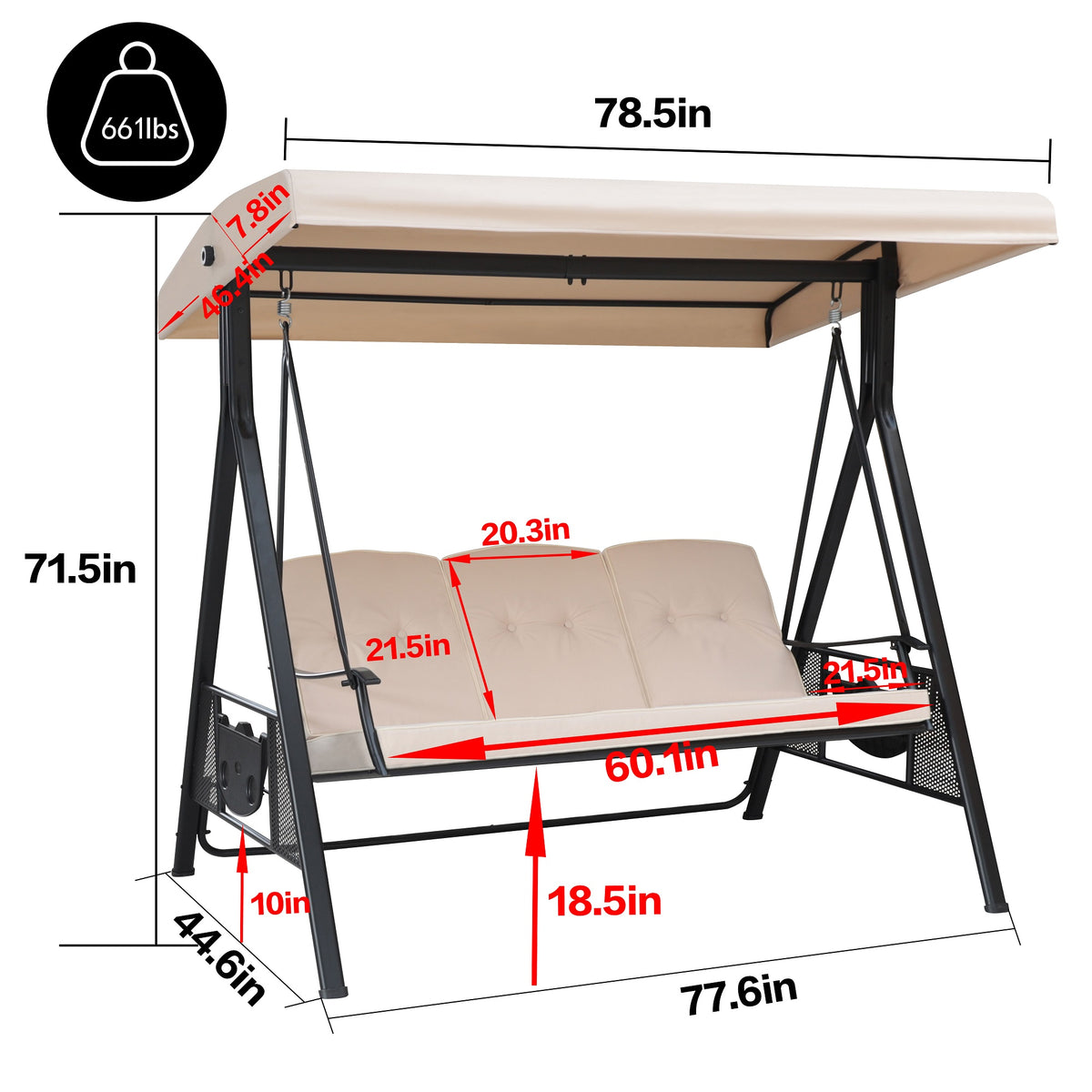 VEIKOUS Patio Swing Chair with Canopy, Swing Chairs for Outside for adults, 3-person Swing Seat with Removable Cushion