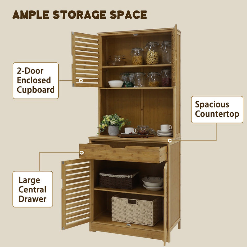 72" Kitchen Pantry Cabinet Bamboo Storage Hutch with Microwave Stand