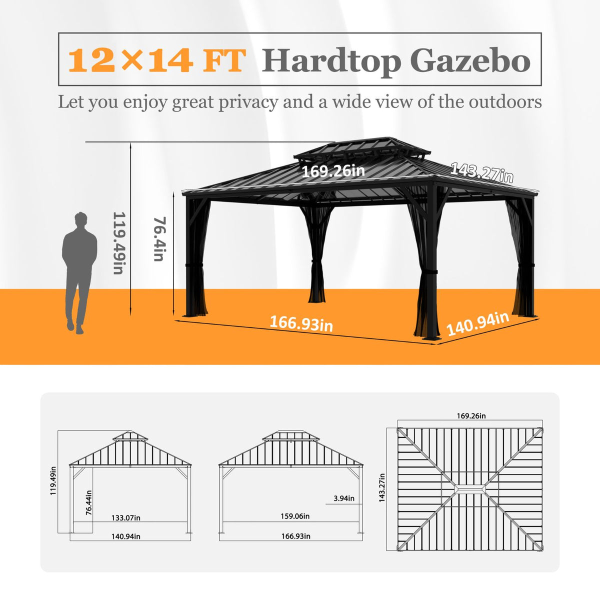 VEIKOUS Hardtop Patio Gazebo, Aluminum Gazebo with Netting, 2-Tier Rooftop 12' x 14'