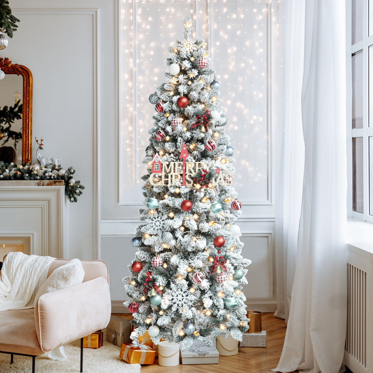 VEIKOUS 6ft Snow Flocked Pencil Tree | Pre-Lit with 200 Warm White LEDs W