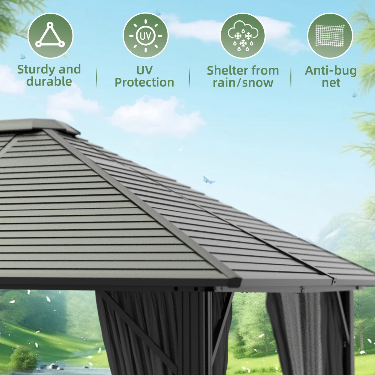 VEIKOUS 10'x12' Aluminum Hardtop Gazebo Pergola with Mesh Netting, Outdoor Gazebo Single Roof for Patio, Backyard, Garden