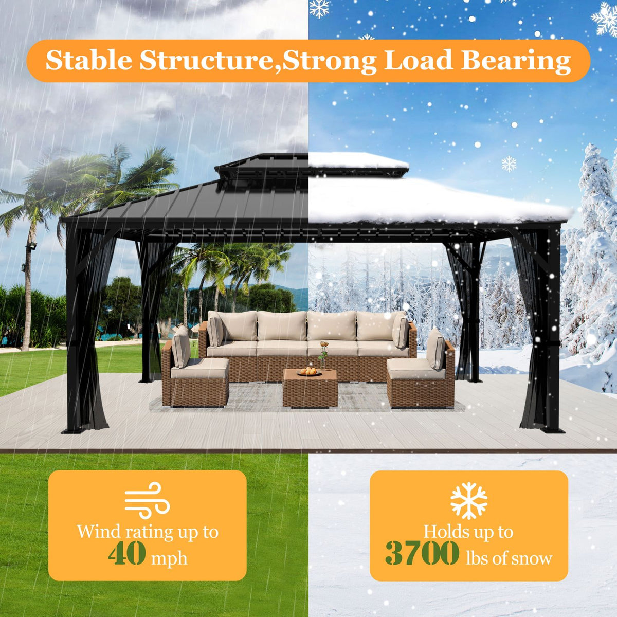 VEIKOUS Hardtop Patio Gazebo, Aluminum Gazebo with Netting, 2-Tier Rooftop 12' x 14'