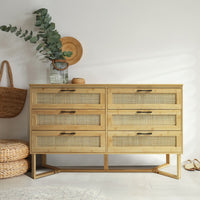 6 Drawers Dresser, Bamboo Rattan Storage Tower with Handles