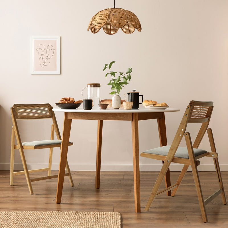 Veikous Bamboo Folding Dining Chairs Set of 2, Rattan Dining Room Kitchen Side Chairs with Upholstered Seat