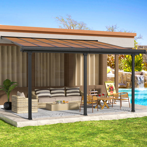 VEIKOUS 10 x 14 Hardtop Gazebo, Adjustable Wall-Mounted Gazebo with Drainage Holes, Lean-to Gazebo Awnings