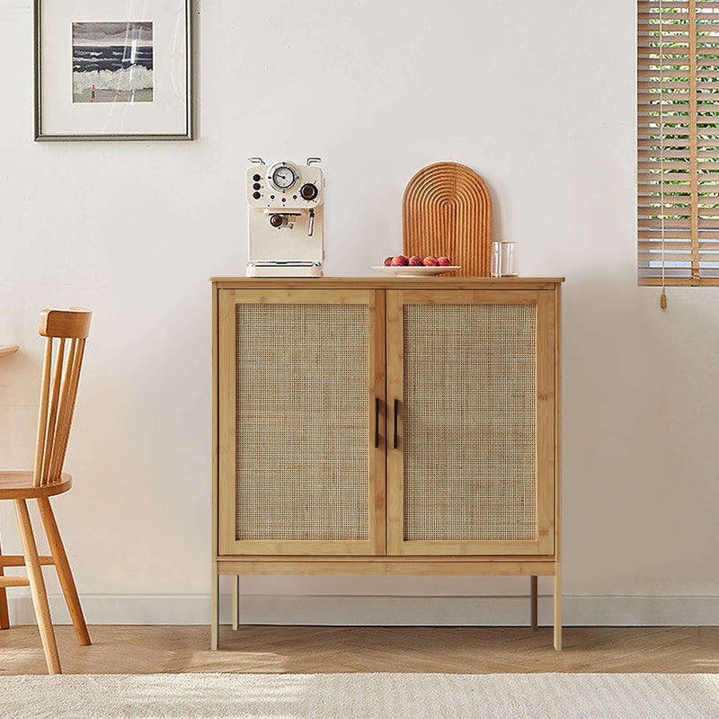 Veikous Rattan Sideboard, Bamboo Accent Cabinet with 2 Shelves Storage, and Handmade Rattan Doors