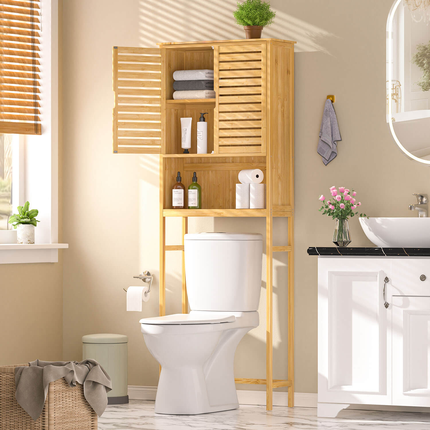 VEIKOUS Bamboo Over the Toilet Storage Cabinet - Thumbnail 5