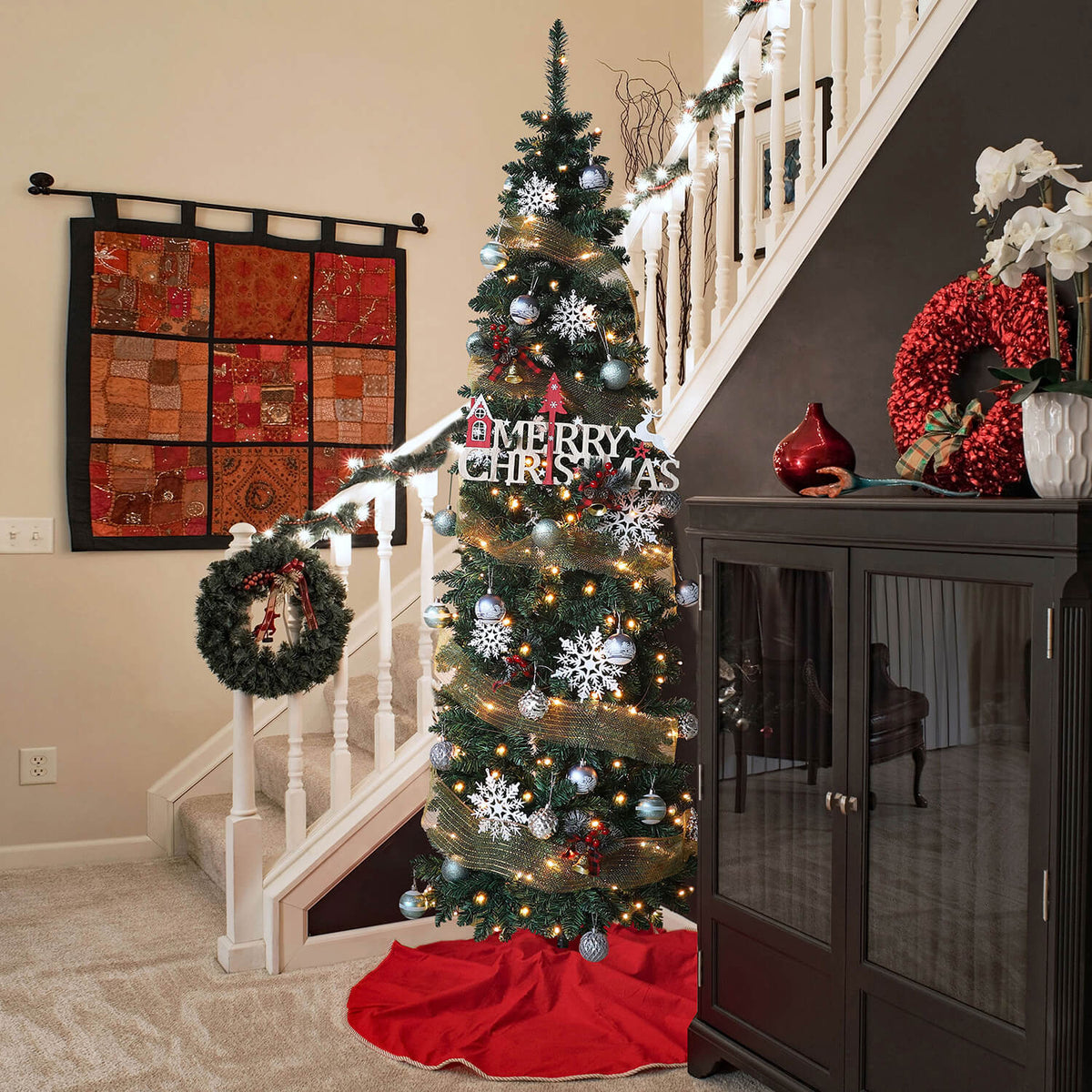 Skinny christmas tree with lights