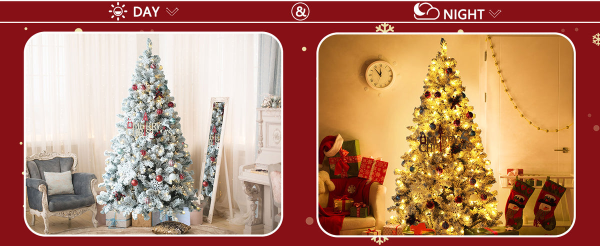 VEIKOUS Snow Flocked Christmas Tree with Lights, Artificial Xmas Tree with Metal Stand
