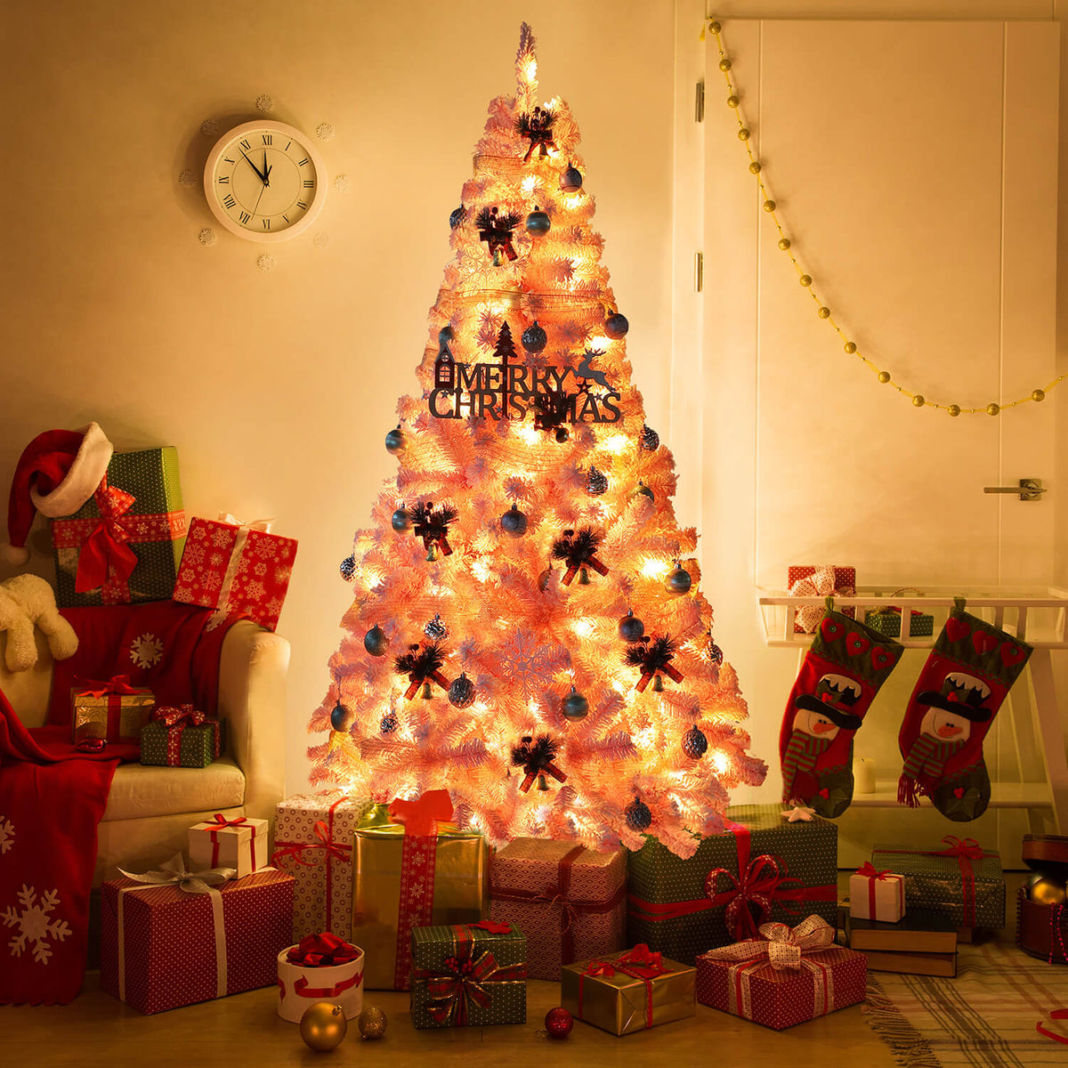Pink christmas tree with lights