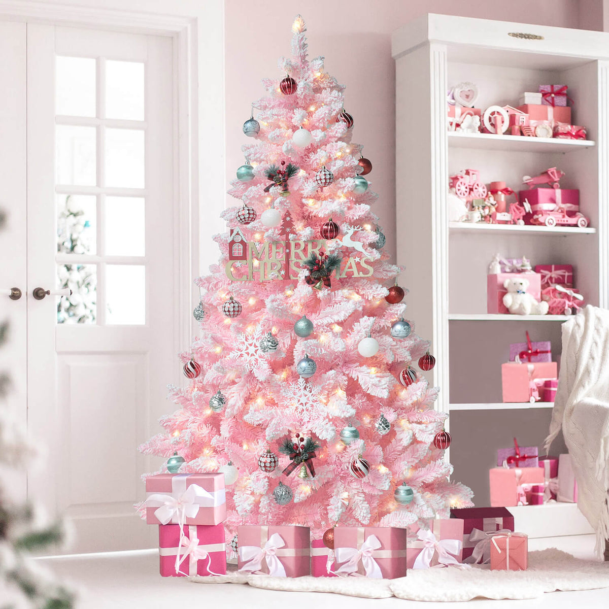 Indoor pink christmas tree flocked