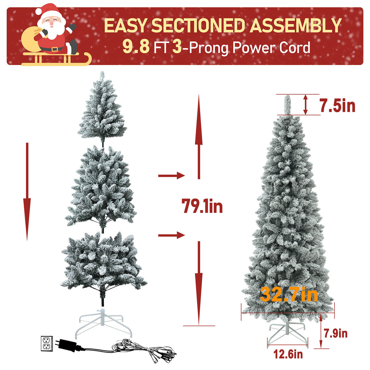 VEIKOUS Skinny Flocked Christmas Tree, Artificial Snow Tree with Light for Home Decoration