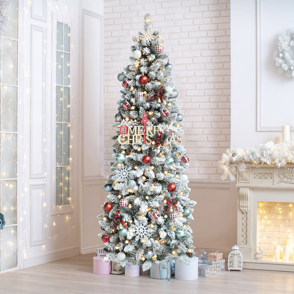 VEIKOUS Skinny Flocked Christmas Tree, Artificial Snow Tree with Light for Home Decoration