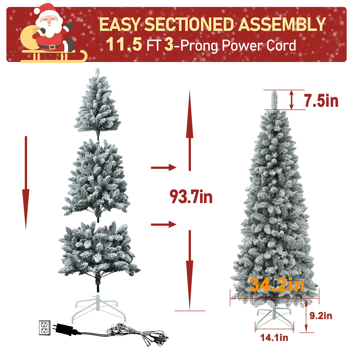 Skinny Flocked Christmas Tree, with Artificial Snow and Light