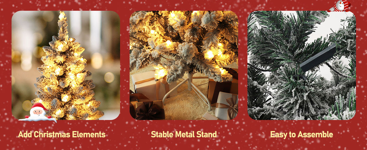 VEIKOUS Skinny Flocked Christmas Tree, Artificial Snow Tree with Light for Home Decoration