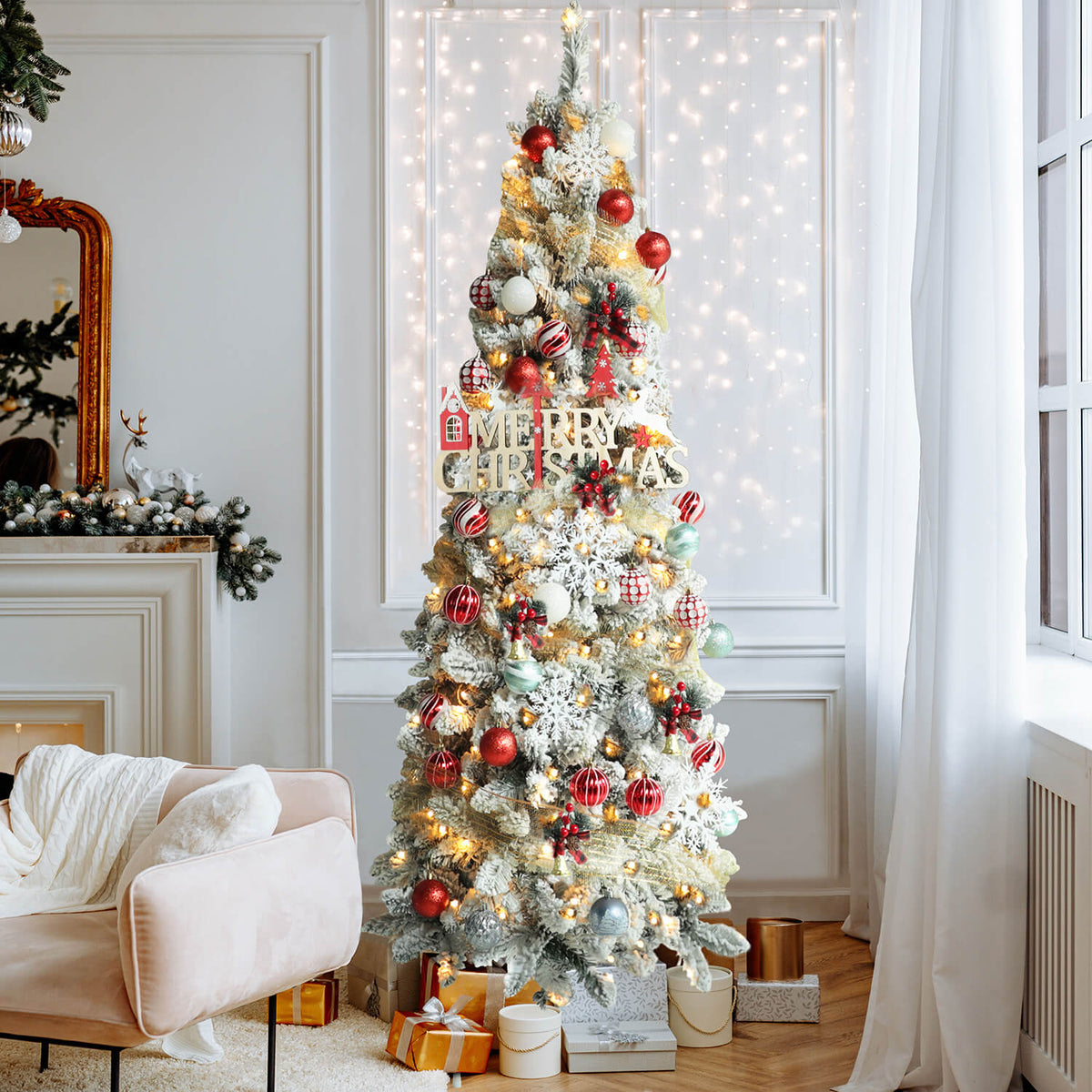 Skinny Flocked Christmas Tree with Snow
