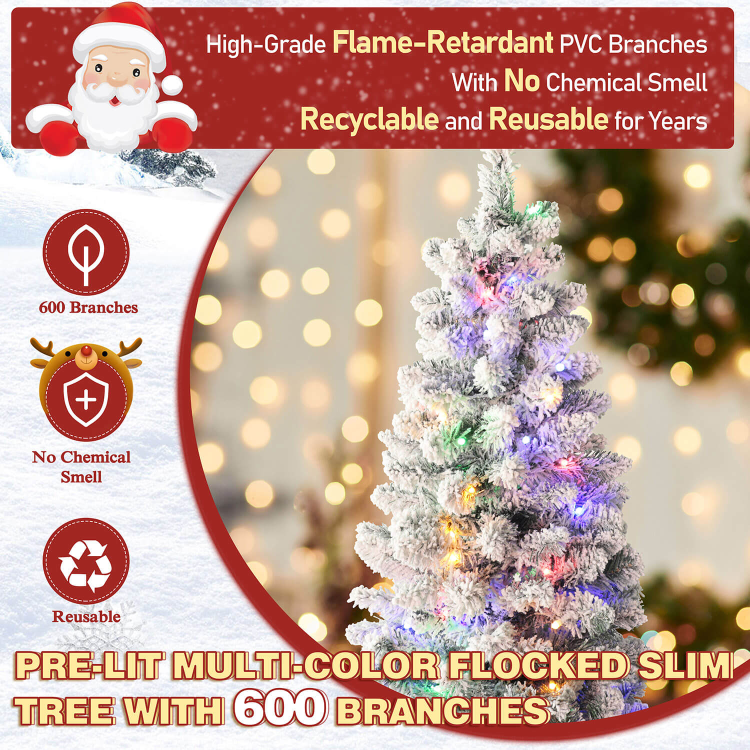 6ft Pencil Christmas Tree with Flocked Snow & Lights – Veikous