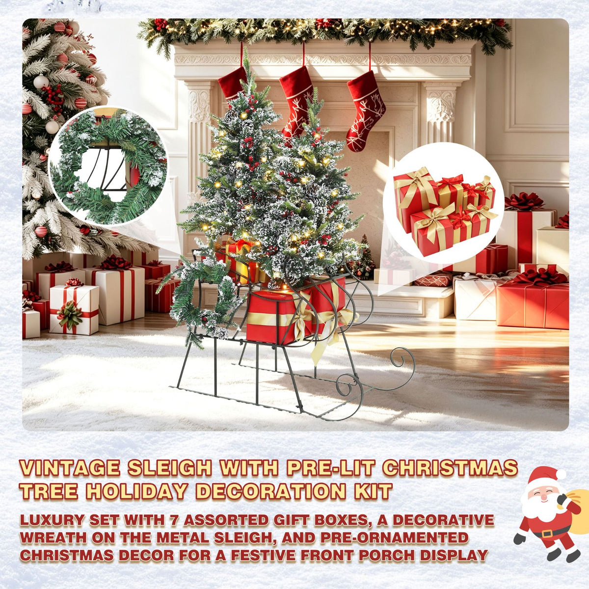 Veikous 4FT Christmas Tree with Sleigh Base, Pre-Lit Artificial Xmas Trees with Lights for Home, Office