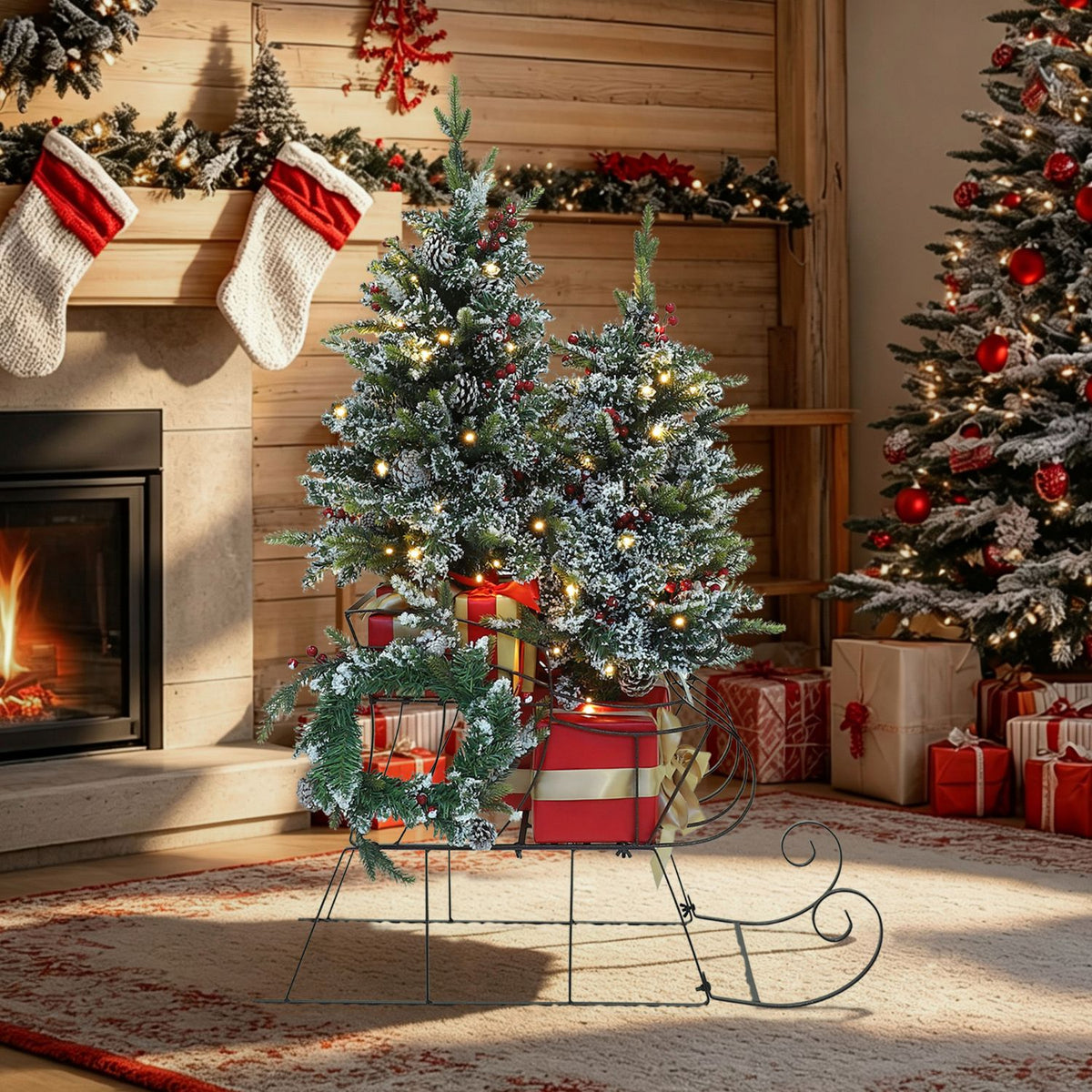 Veikous 4FT Christmas Tree with Sleigh Base, Pre-Lit Artificial Xmas Trees with Lights for Home, Office
