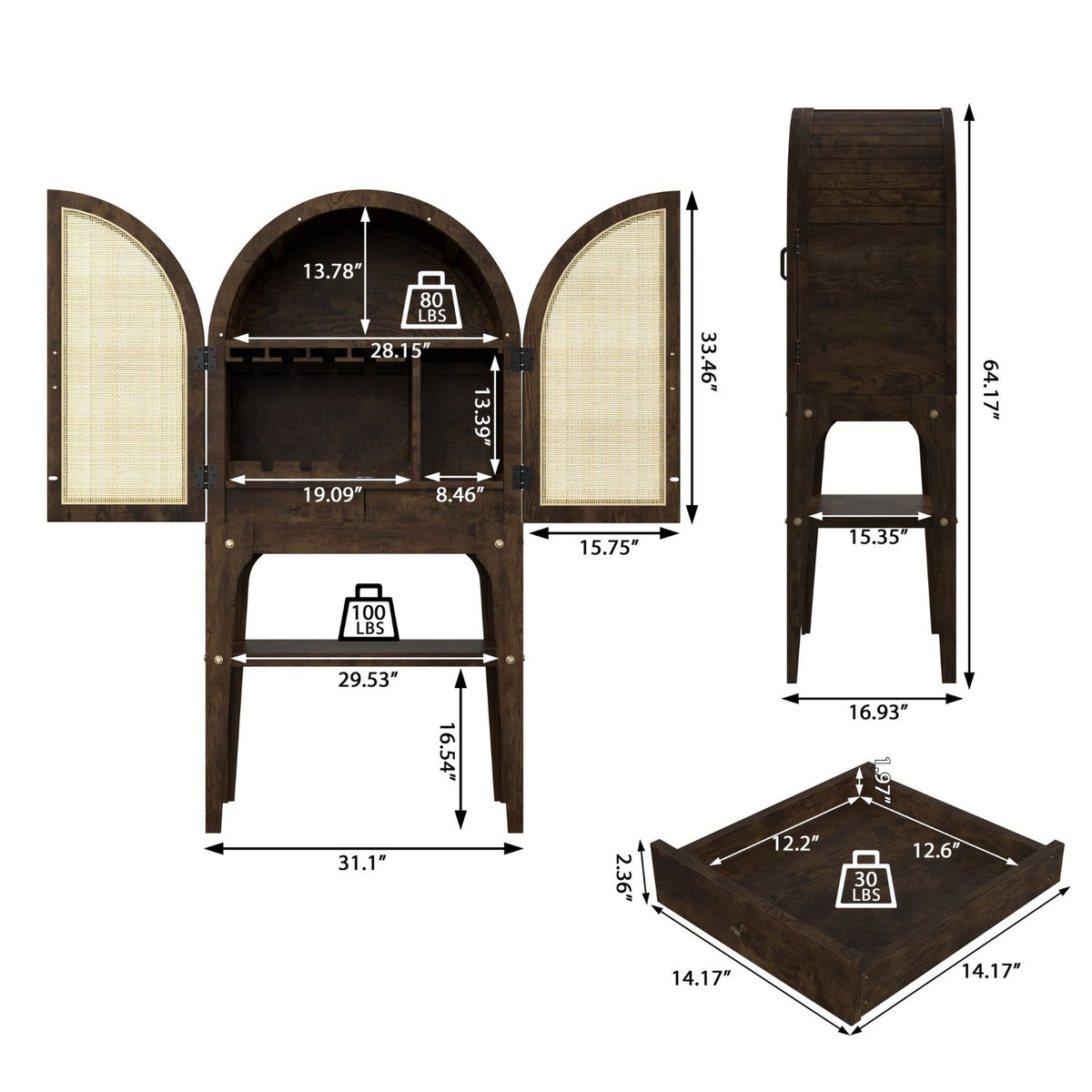 31.1"W x 16.93"D x 64.17"H Arched Wine Cabinet 