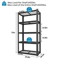 Black metal shelving unit 35.8"W x 18"D x 72"H