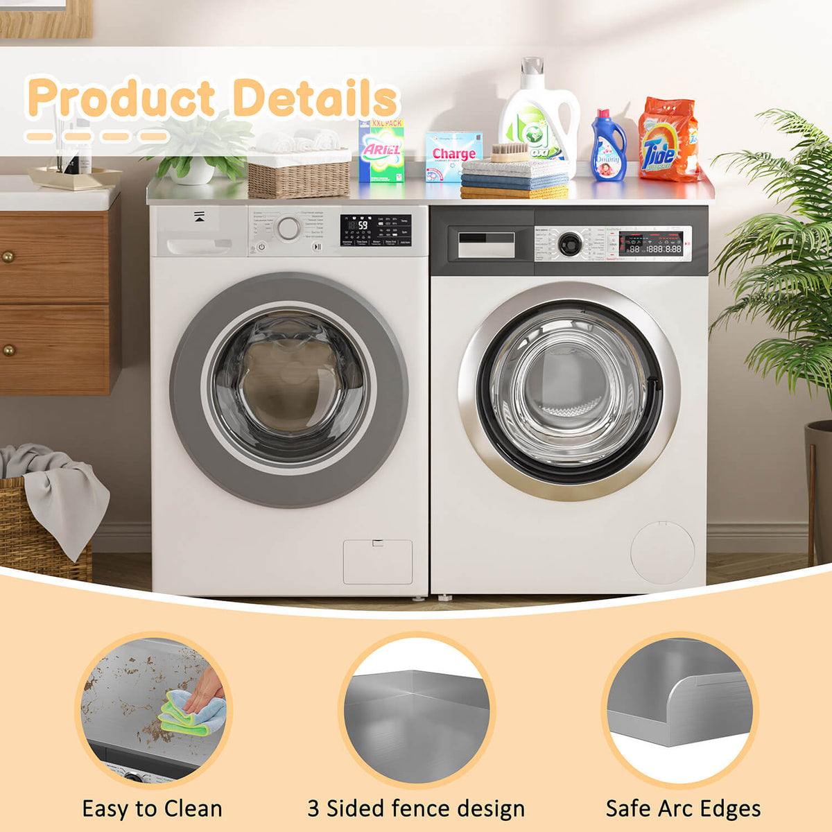 This laundry countertop has a three-sided fence design and curved edges