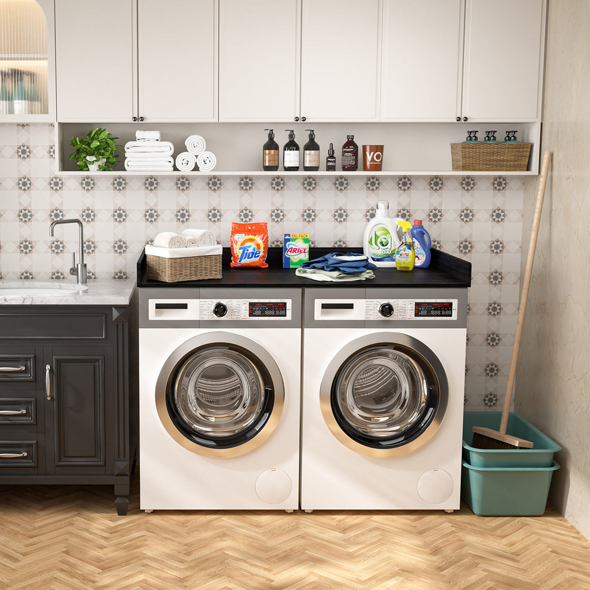 Veikous Countertop Over Washer Dryer, Bamboo Washer Dryer Topper with Anti-Slip Mats and Edge Rails