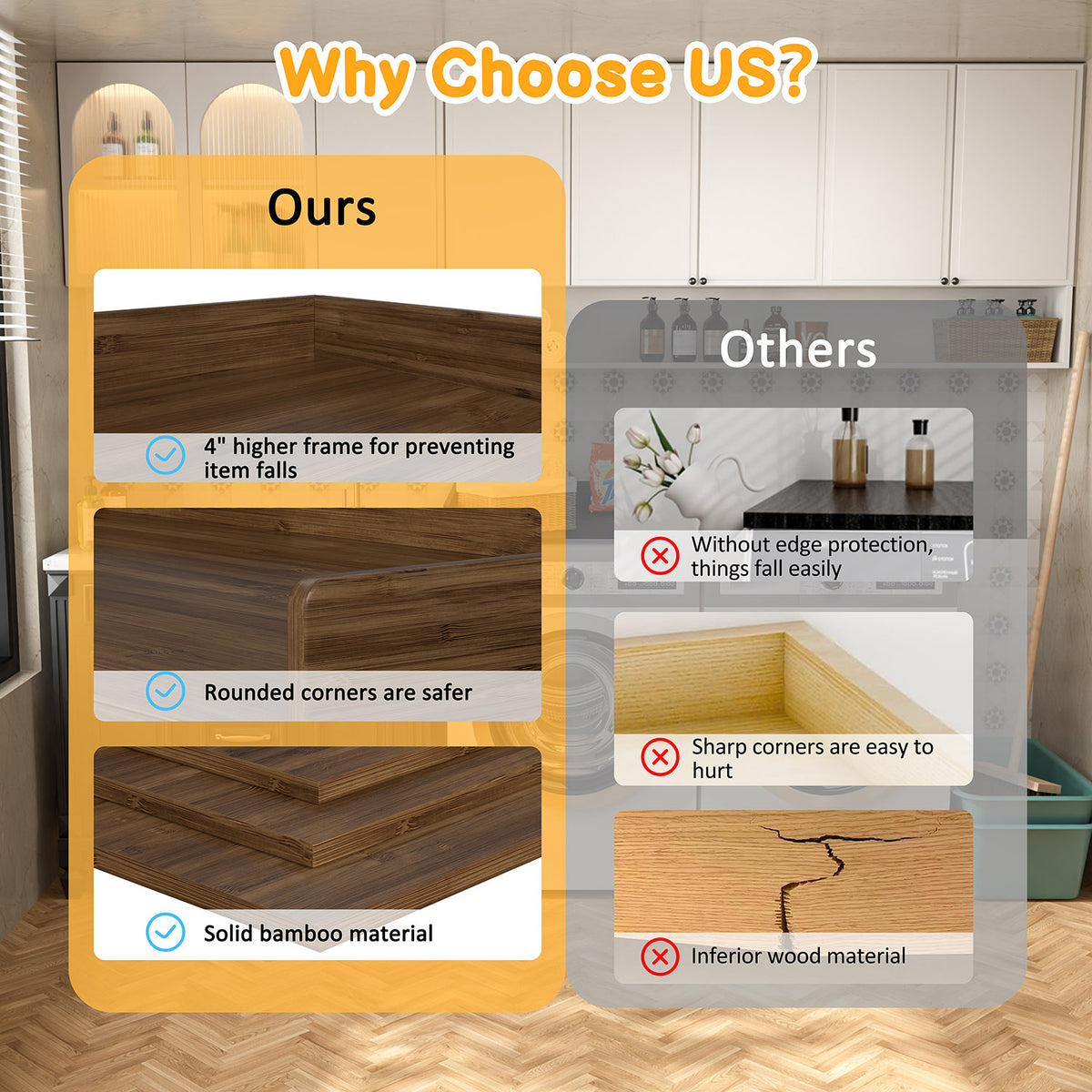 countertop above washer dryer, solid bamboo