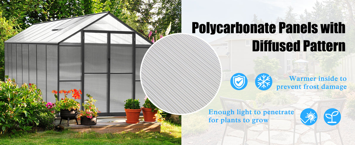 VEIKOUS Walk in Polycarbonate Greenhouse, Aluminum Greenhouse Kit in Winter Garden with Heavy Duty Metal Frame