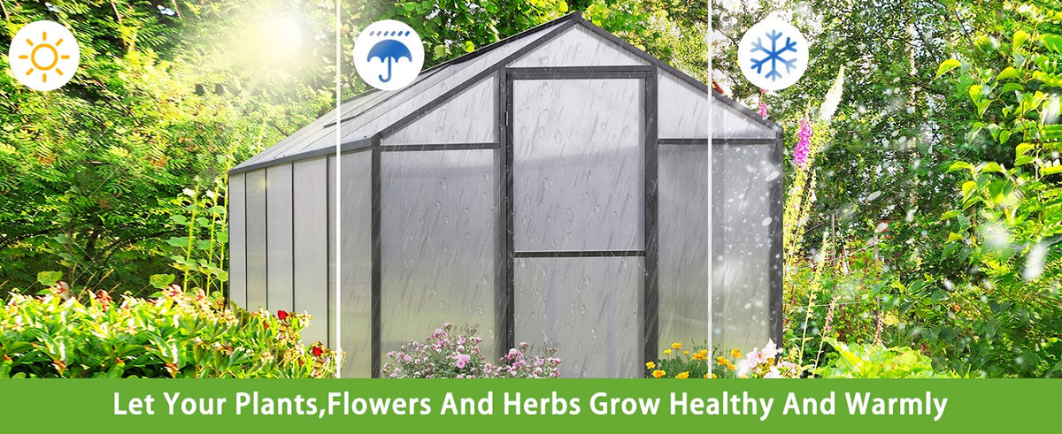 VEIKOUS Walk in Polycarbonate Greenhouse, Aluminum Greenhouse Kit in Winter Garden with Heavy Duty Metal Frame