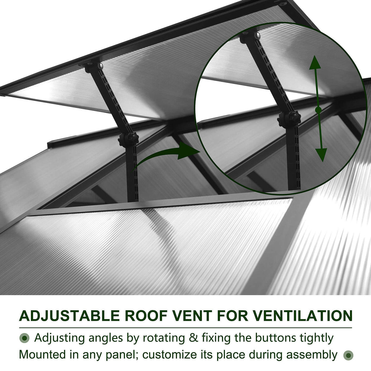 Adjustable roof vent for veikous greenhouse